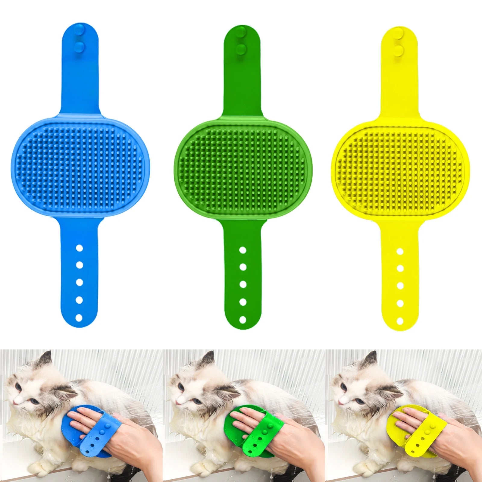 3Pack Pet Bath Brush, Dog Brush Cat Brush, Soft Brush Adjustable Width Size for Pet Shower/Grooming/Washing(Blue Green Yellow)