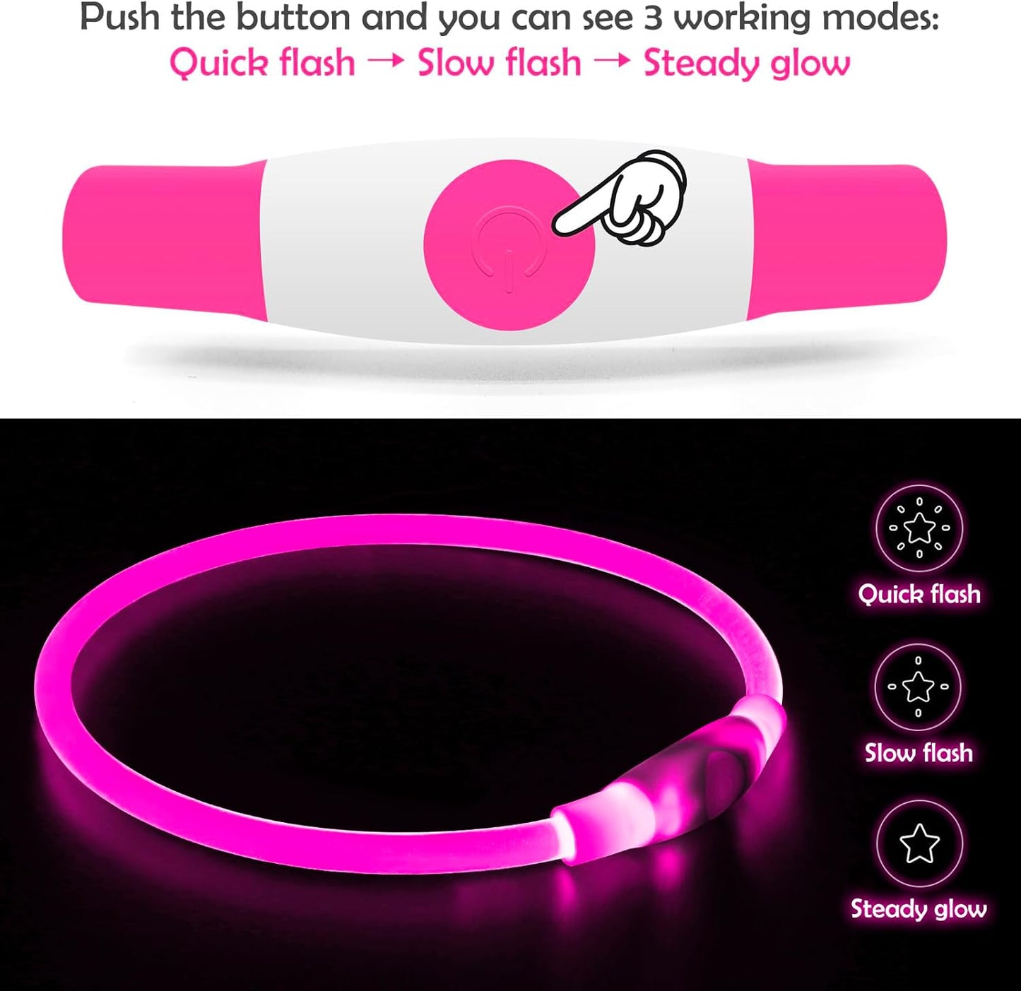 Led Dog Collar,  USB Rechargeable Flash Dog Necklace Light, Pet Safety Collar Makes Your Beloved Dogs Be Seen at Night for Small Medium Large Dogs(Pink)